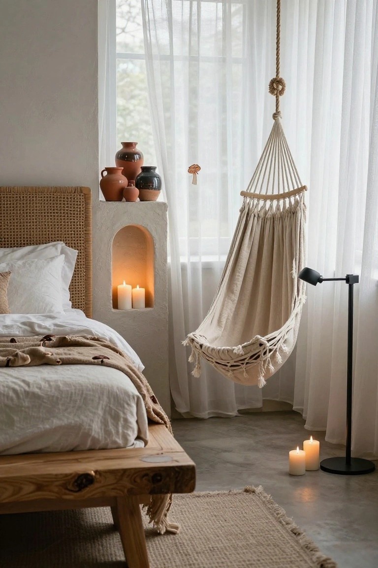 Boho bedroom with rattan headboard featuring arched niche holding terracotta pots and lit candles, beige macrame hanging chair by sheer-curtained window, wooden bed frame with white linens and beige throw, floor candles, and seagrass rug.