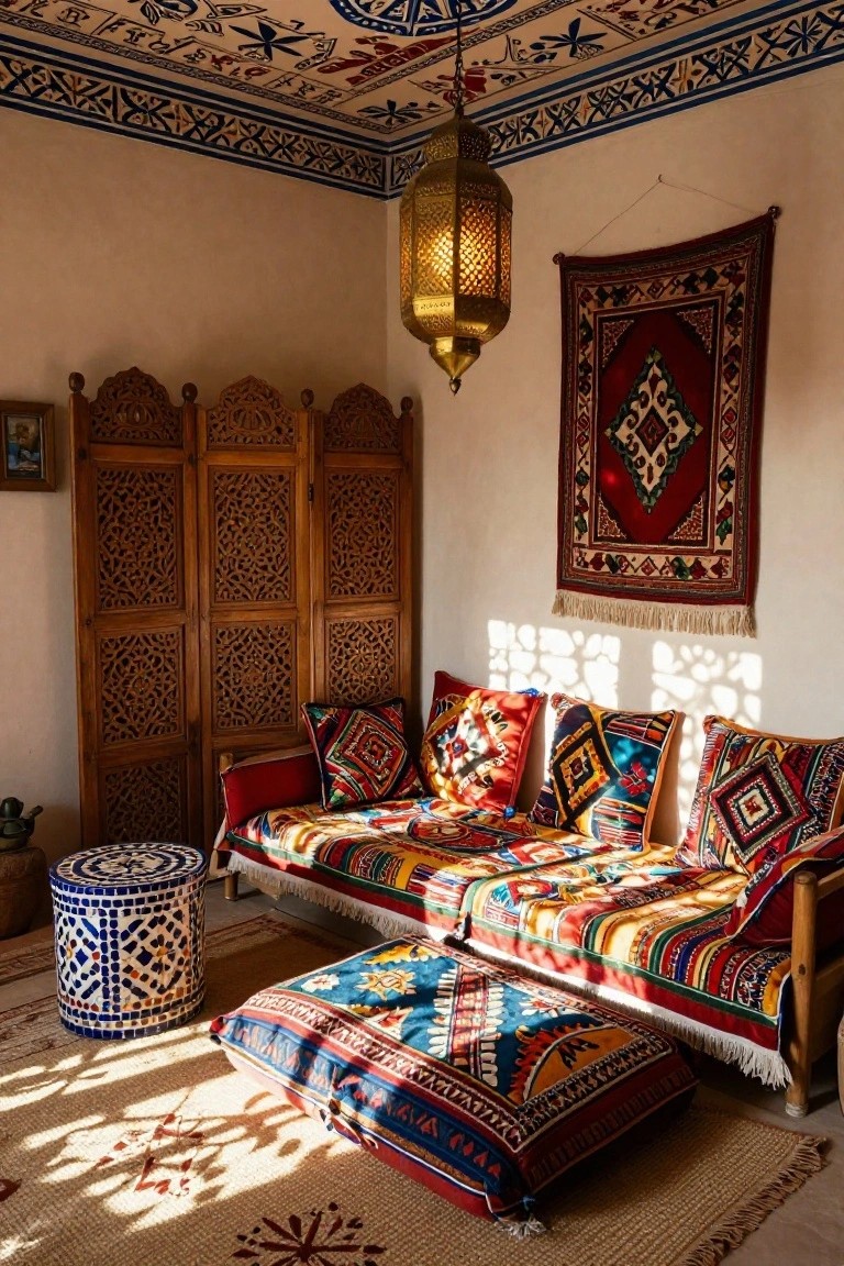 A sunlit indoor room corner featuring a low wooden daybed piled with colorful patterned cushions and blankets, two large floor poufs, a carved wood folding screen, a hanging brass lantern, a woven wall hanging, and a blue tiled stool on a patterned rug.
