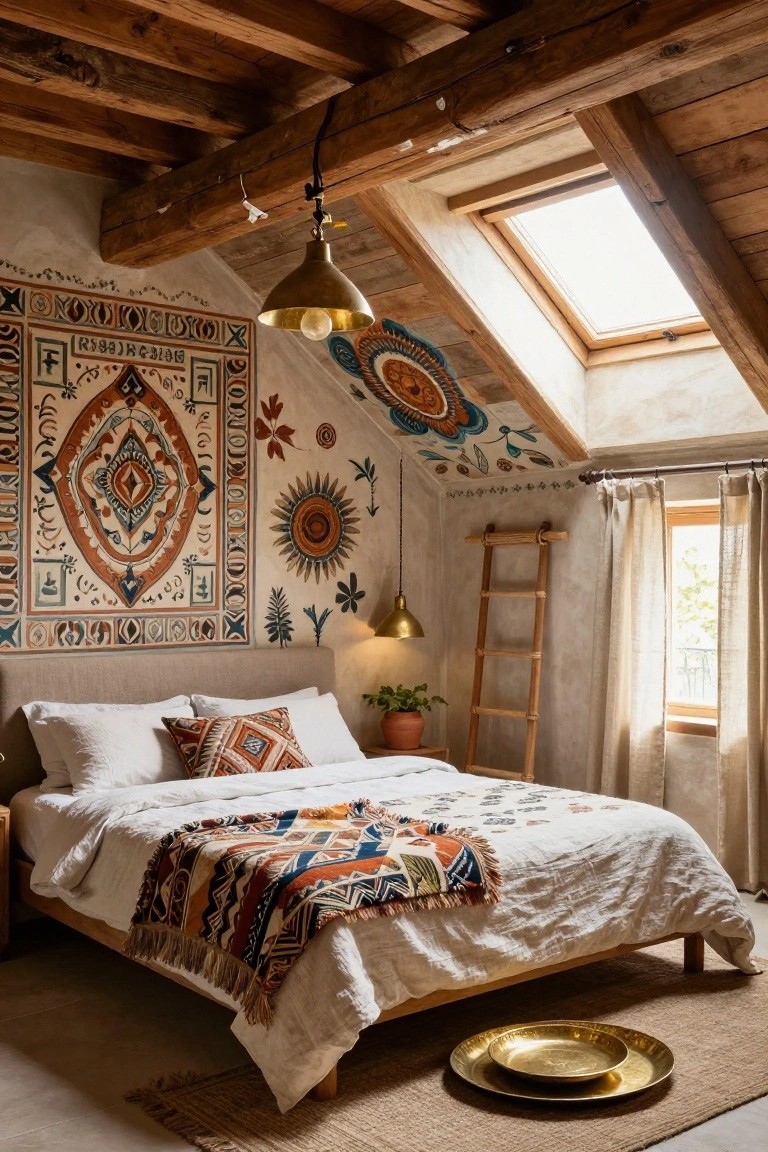Attic-style bedroom with exposed wooden beams, colorful geometric and floral wall murals, wooden bed draped in white linens and patterned throw, brass pendant lights, bamboo ladder, potted plants, skylight, and floor rug with brass trays.