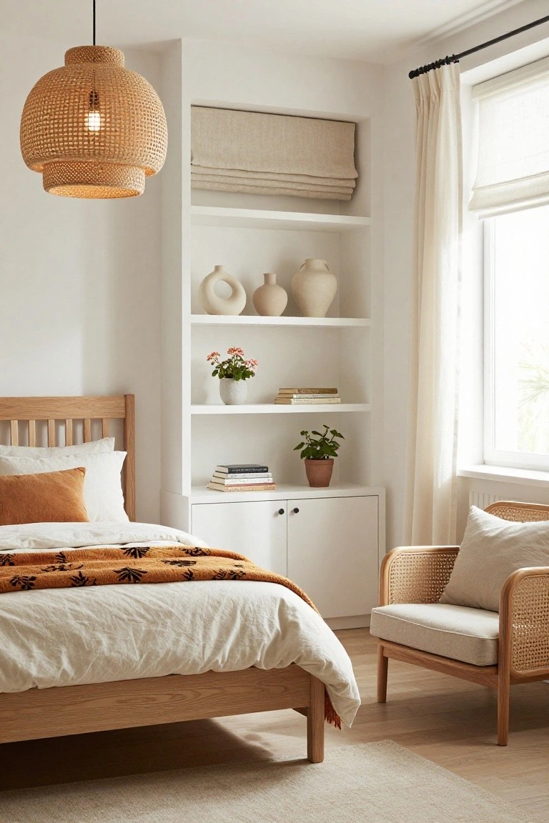 Bedroom with oak bed dressed in white sheets and orange throw blanket, open white shelving unit beside it holding plants in pots, white ceramic vases, and books, hanging rattan pendant light, and rattan chair with cushions by window with sheer curtains.