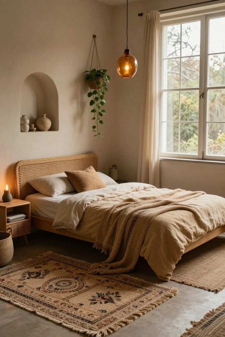 Bedroom with rattan headboard on low wooden bed frame, white sheets topped with beige linen duvet and knit throw, wooden nightstand holding candle and books, arched wall niche with pottery, hanging potted plant, amber pendant light, sheer curtain on window showing trees outside, patterned beige rug and seagrass mat on concrete floor.