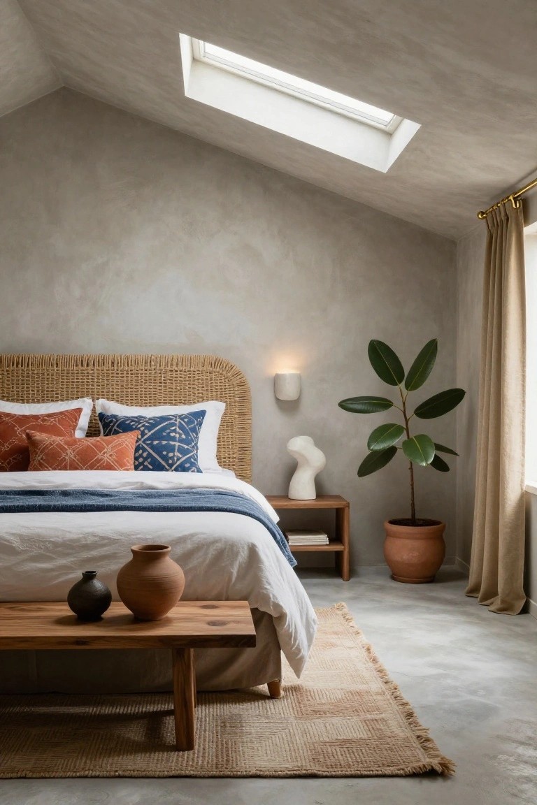 Attic bedroom with slanted textured beige walls, skylight, rattan headboard with orange and blue pillows, white bedding with navy duvet, wooden bench holding two clay pots, large potted ficus plant, and seagrass rug on concrete floor.