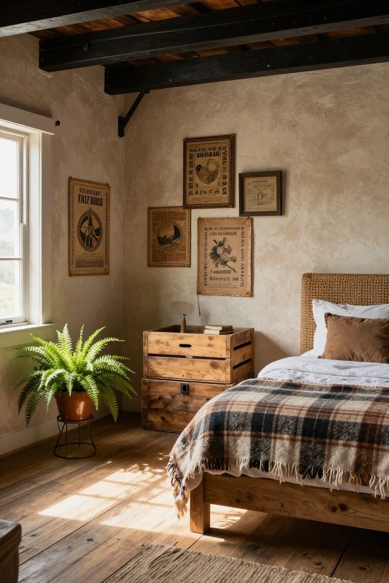 Bedroom corner with rattan headboard on wooden bed draped in plaid blanket, stacked wooden crates as nightstand with lamp and books, potted fern on metal stand, vintage posters on plaster walls, and exposed wooden beams overhead.