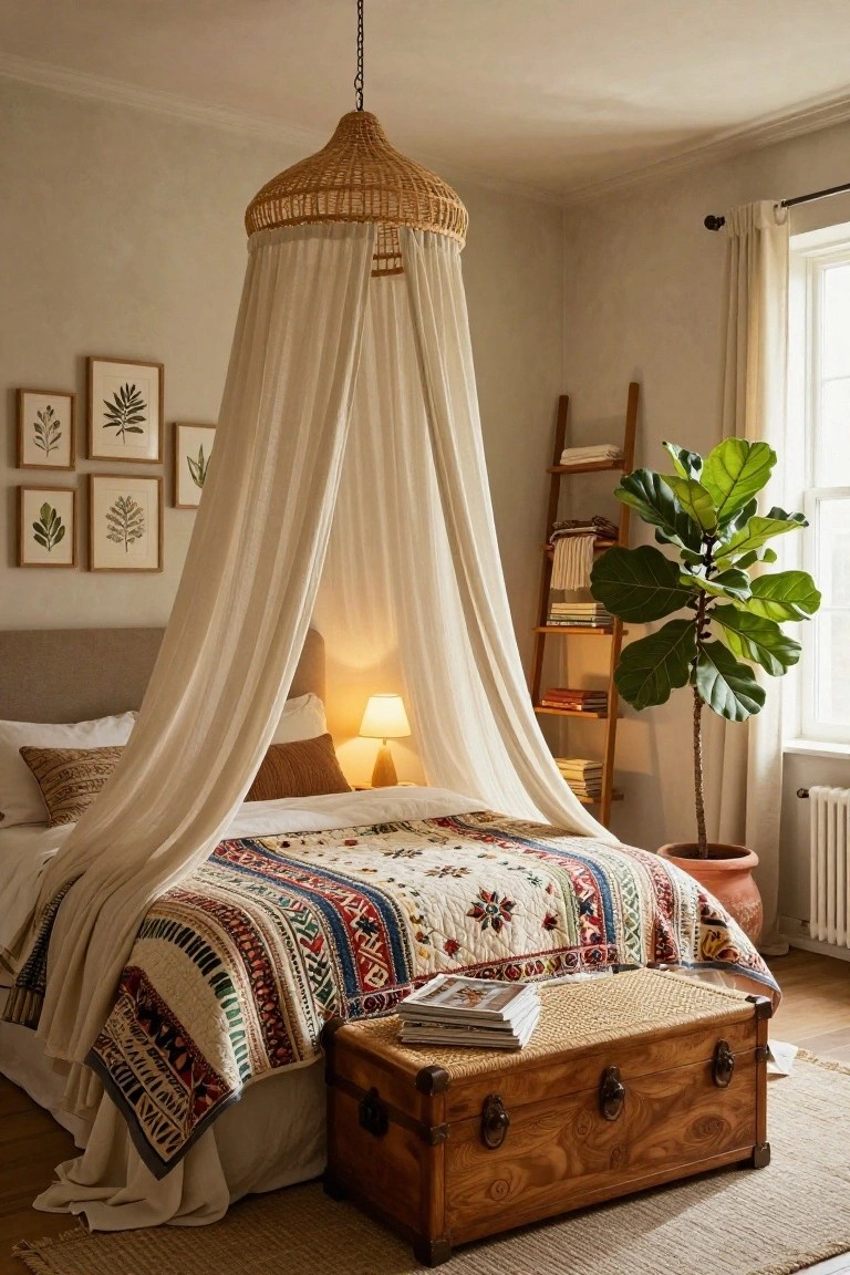 Bedroom interior with a bed under a sheer white canopy hung from a rattan pendant light, colorful patterned quilt, tan throw pillows, bedside lamp, ladder shelf with books and folded linens holding a fiddle leaf fig plant, wooden trunk at bed foot, and seagrass rug on wood floor.