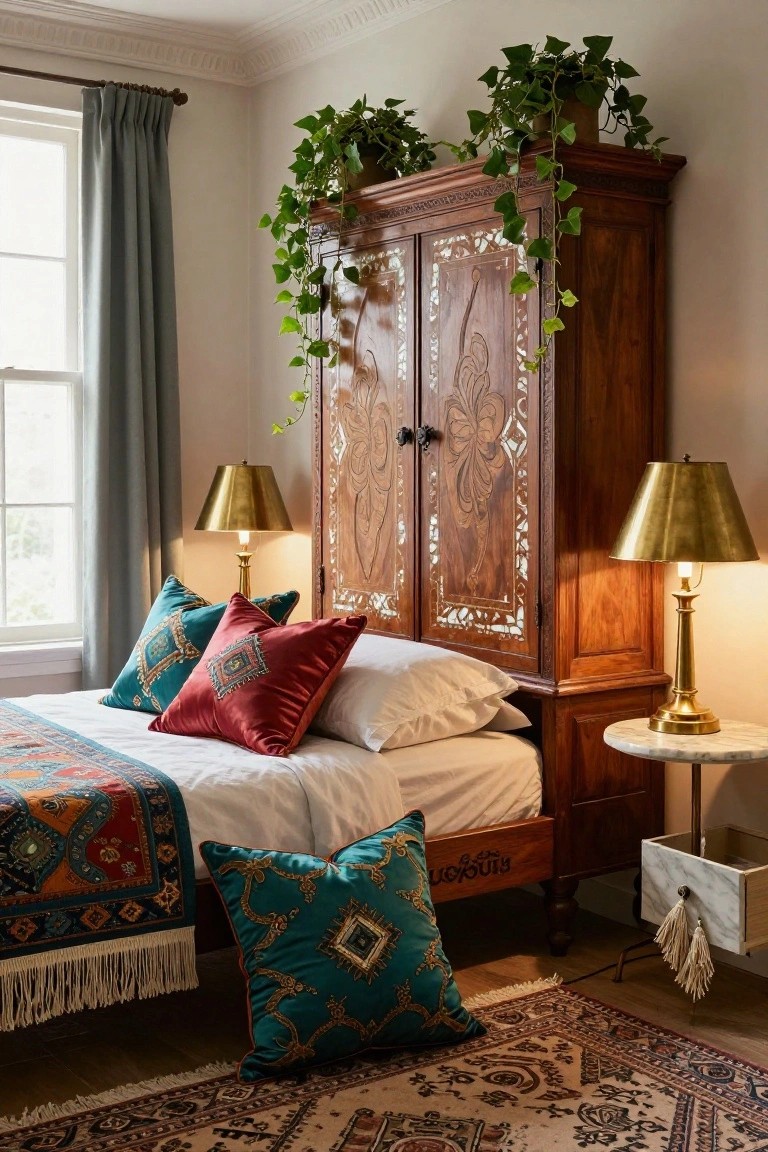 Elegant bedroom with carved wooden wardrobe, teal pillows, and brass lamps.