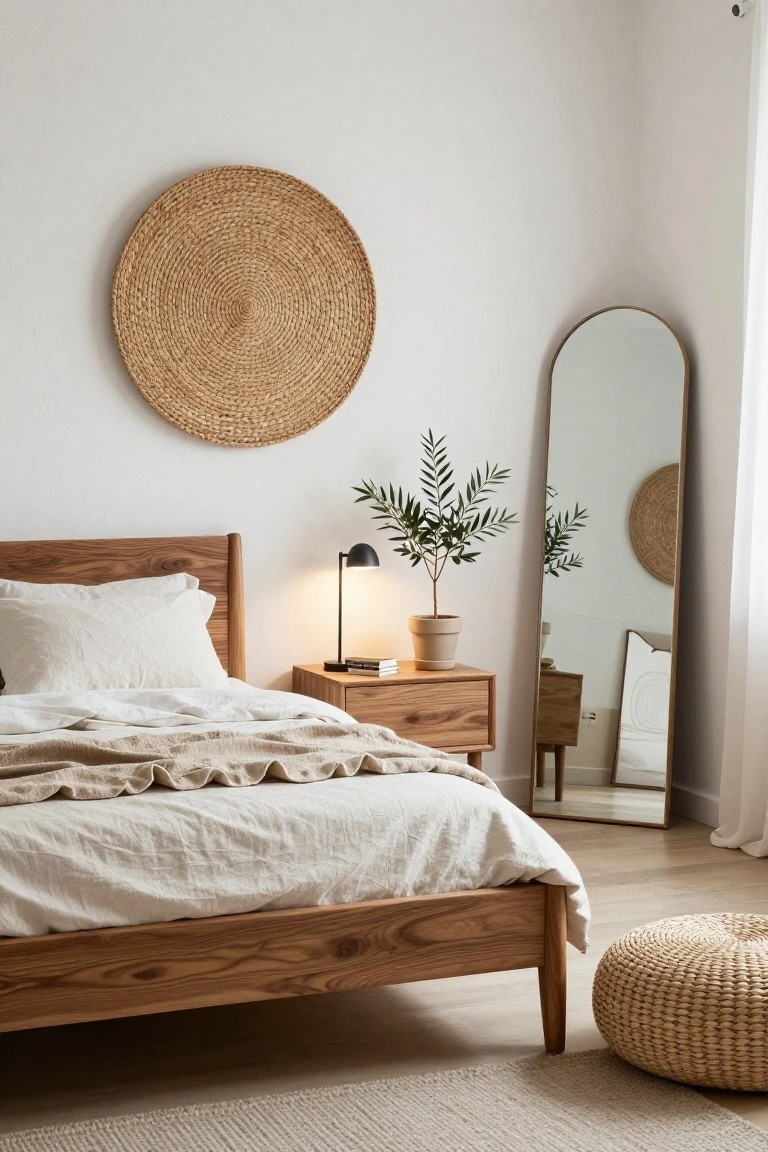 Bedroom interior with low wooden platform bed covered in white sheets and beige linen throw, wooden nightstand holding black desk lamp and stack of books, potted olive tree plant, tall arched floor mirror, large round woven wall hanging, and woven pouf on light wood floor against white walls.
