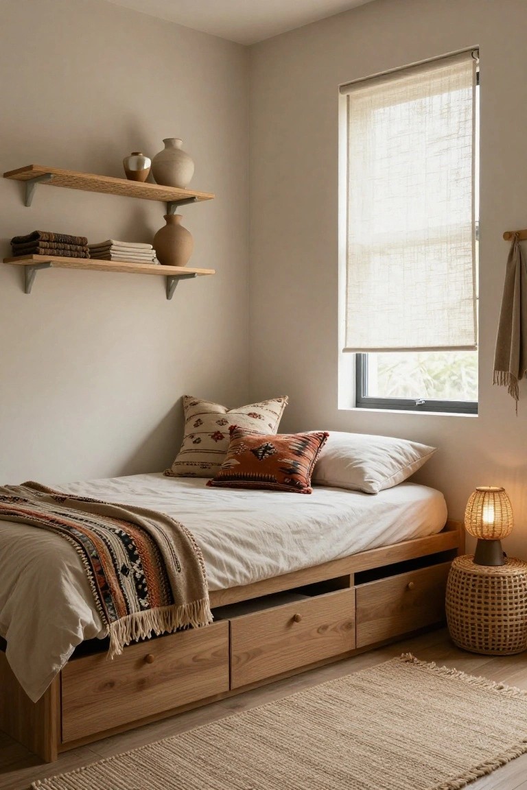 Small bedroom with low wooden platform bed having two under-bed drawers, white bedding topped with patterned pillows and woven throw, floating wooden shelves holding ceramic vases and folded fabrics, rattan lamp on woven stool, seagrass rug, and window with bamboo blind.