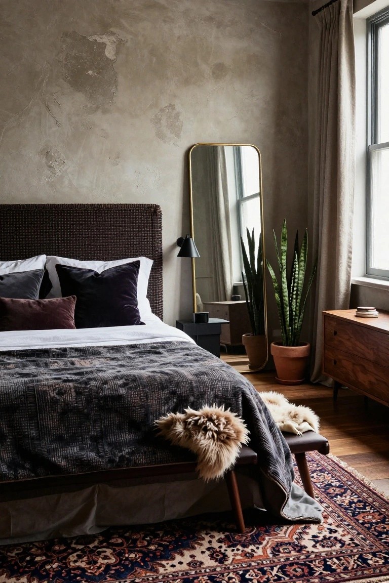 Bedroom corner with beige textured plaster walls, brown woven rattan headboard on a bed with white sheets, gray and purple pillows, knitted gray throw, sheepskin rugs, two snake plants in terracotta pots, gold full-length mirror, black lamp on nightstand, wooden dresser and bench, patterned Persian rug on wood floor.
