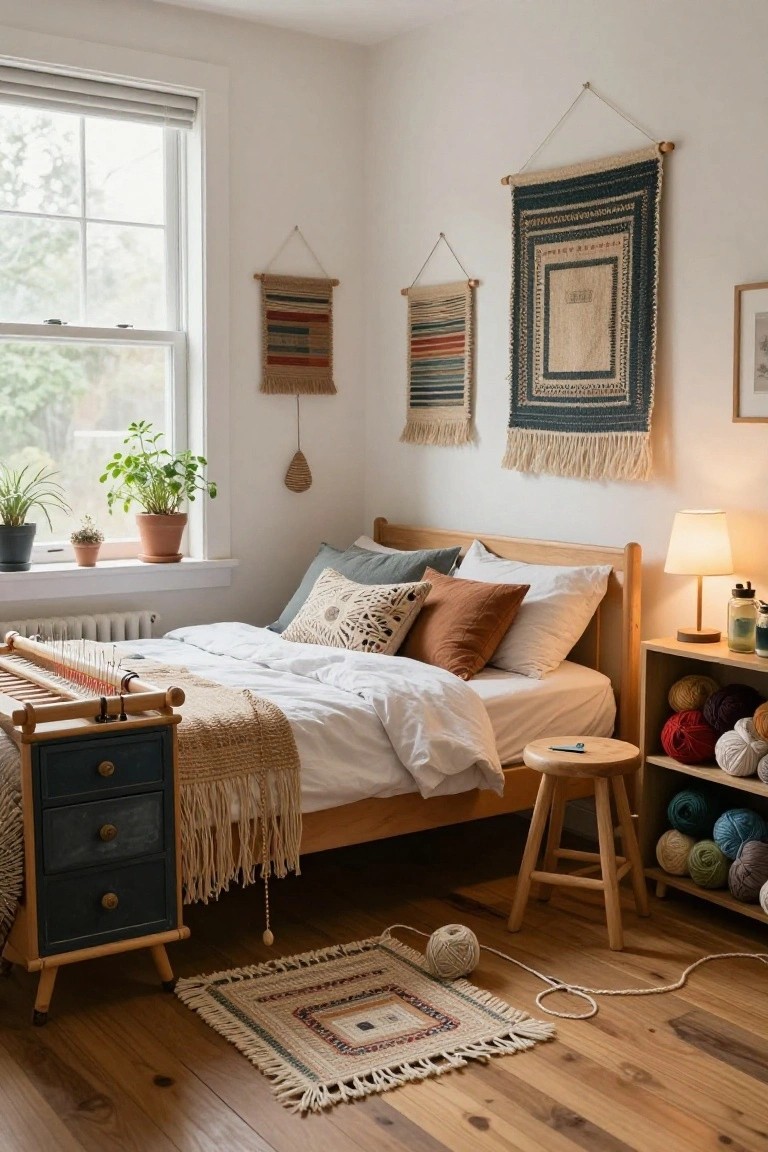 A light-filled bedroom with a wooden bed frame draped in white bedding and woven throws, assorted pillows, three woven textile wall hangings, potted plants on the windowsill, yarn shelves on a bookcase, a small loom stand, and scattered yarn balls on the hardwood floor.