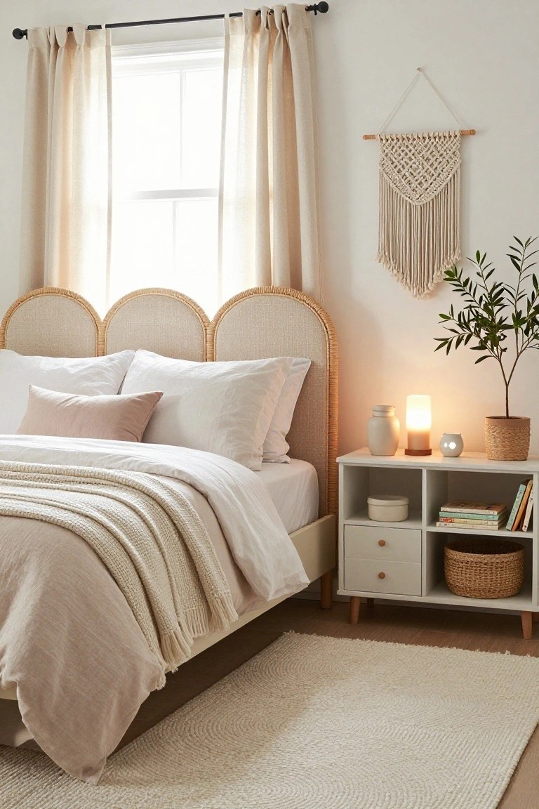 Bedroom with light beige rattan headboard featuring three curved arches, white and pink bedding on bed, white nightstand holding lamp, vase, books, and basket, macrame wall hanging, potted plant, and sheer curtains over window.