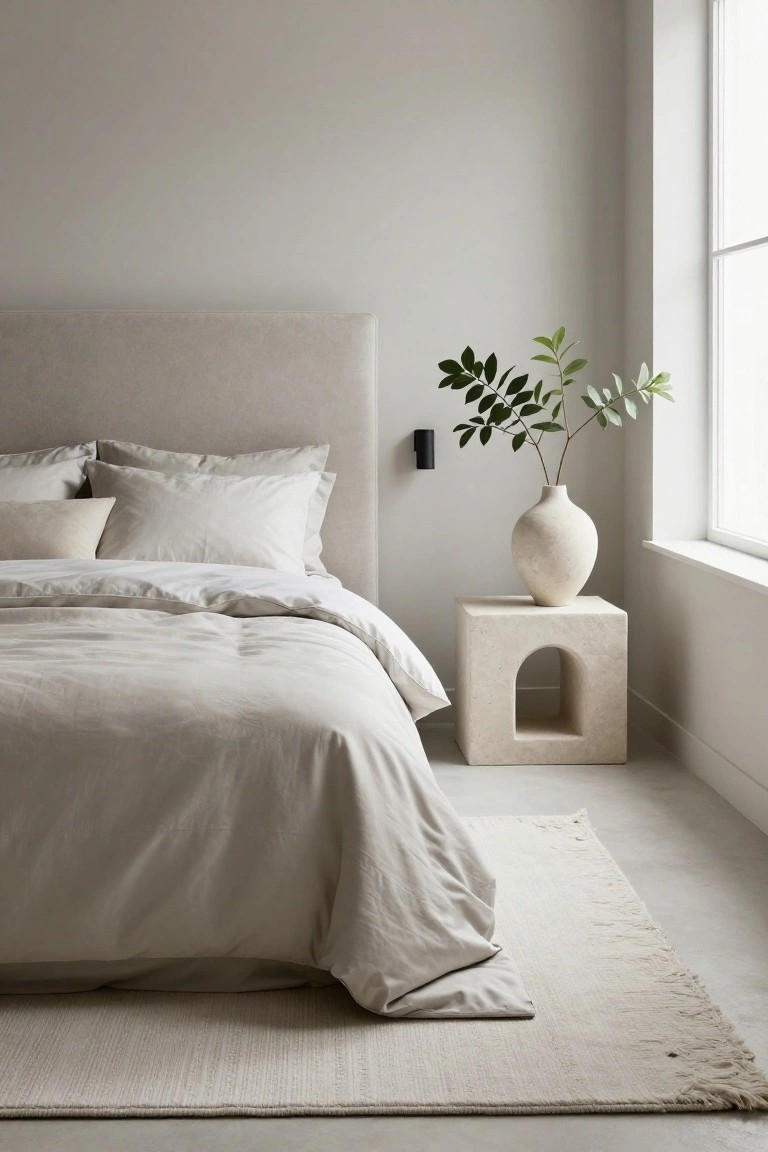 Beige upholstered bed with light gray linens and pillows in a pale gray bedroom corner, next to a cubic white stone nightstand with arched cutout holding a beige vase of green leaves, beside a large window and light rug on the floor.