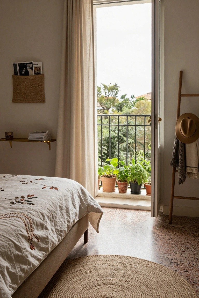 Bedroom with low-profile bed covered in white embroidered linen bedding, open French doors to black wrought-iron balcony lined with terracotta and black pots of green plants, sheer curtains pulled to side, seagrass wall pocket and rug, brass shelf, wood ladder with hat and throw, terrazzo floor.