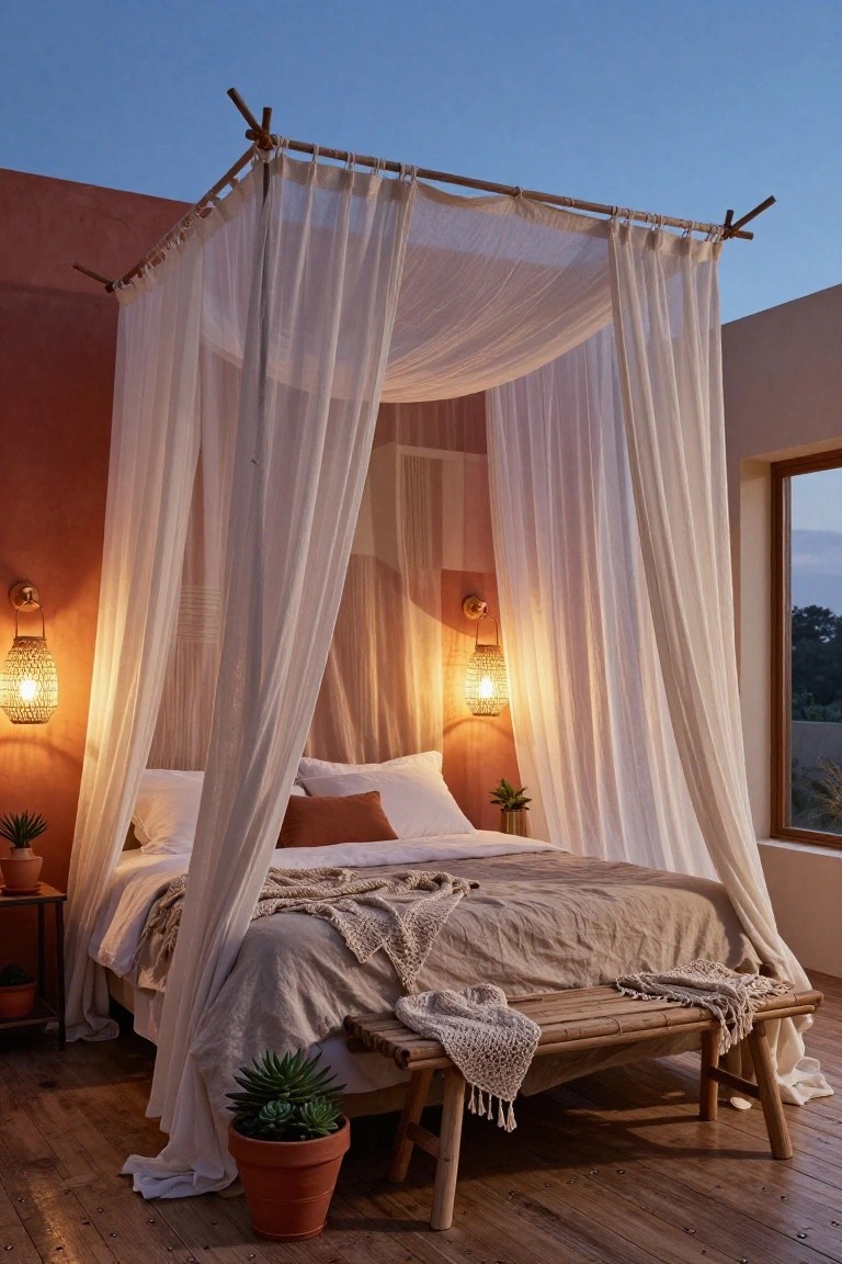 Bedroom interior with a bamboo four-poster bed draped in sheer white curtains, neutral linens and pillows, rattan wall lamps, potted plants, a wooden bench at the foot of the bed, terracotta walls, and a large window showing dusk outside.