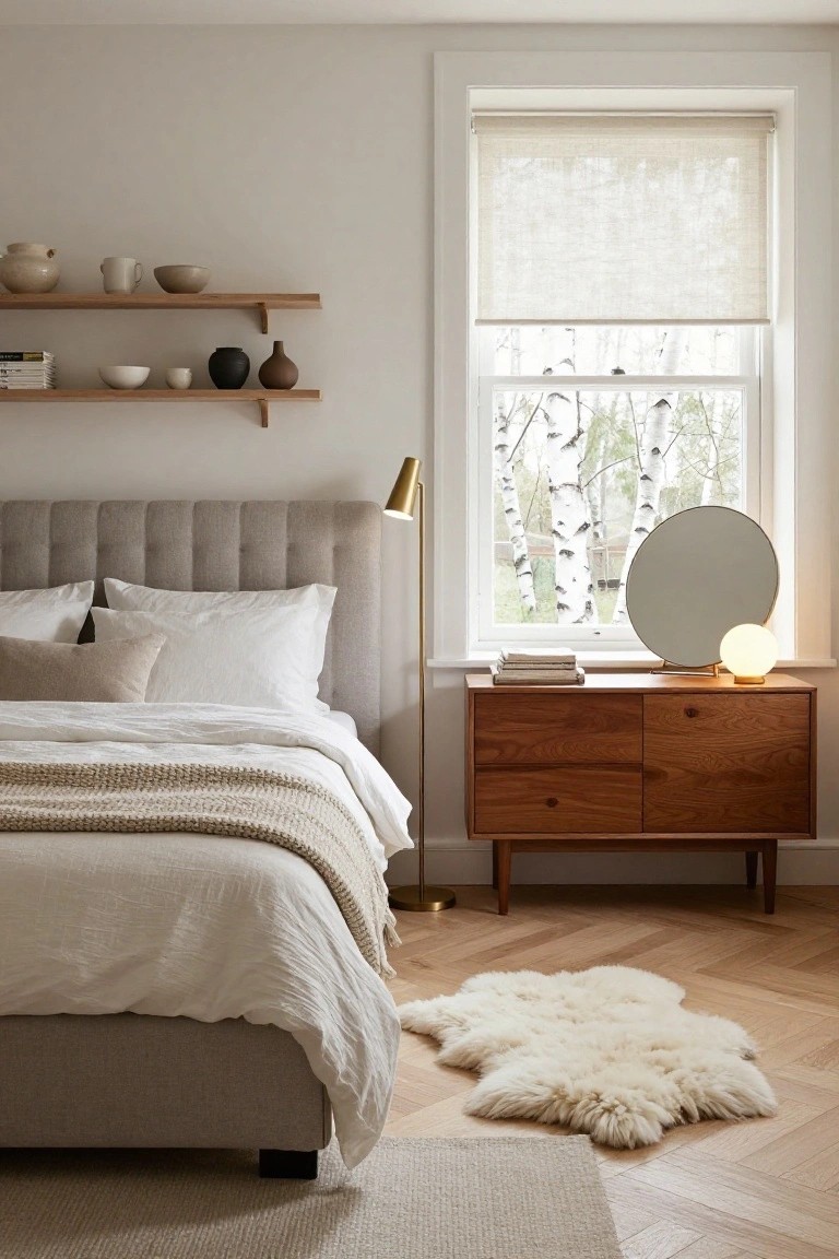 A light gray tufted headboard bed with white linen sheets, knit throw, and pillows sits against a wall with wooden floating shelves holding ceramic bowls and vases, next to a wooden dresser with round mirror and lamp, sheepskin rug on herringbone oak floor, and window with sheer roller shade.