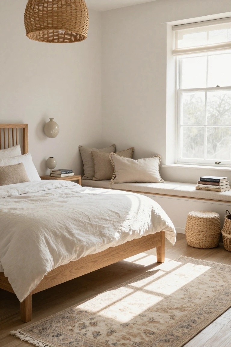 Bedroom corner featuring a cushioned window seat with beige pillows and stacked books, beside an oak bed dressed in white linens, under a large window with sheer blinds.