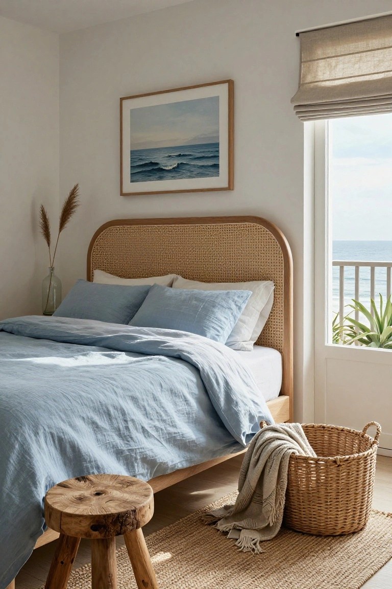 Bedroom with curved beige rattan headboard, blue linen bedding and pillows, glass vase with pampas grass, wooden stool, woven basket holding a throw blanket, seagrass rug, and window showing ocean view.