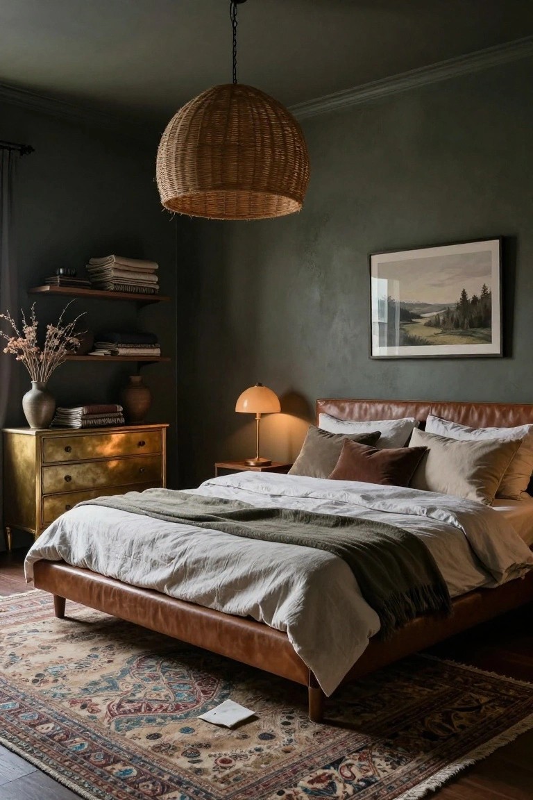 Bedroom with dark green walls, low leather-upholstered bed frame topped with white linen sheets, green throw blanket, assorted pillows, brass dresser, rattan pendant light, side table with lamp, bookshelves holding books and dried branches, and patterned rug on wood floor.