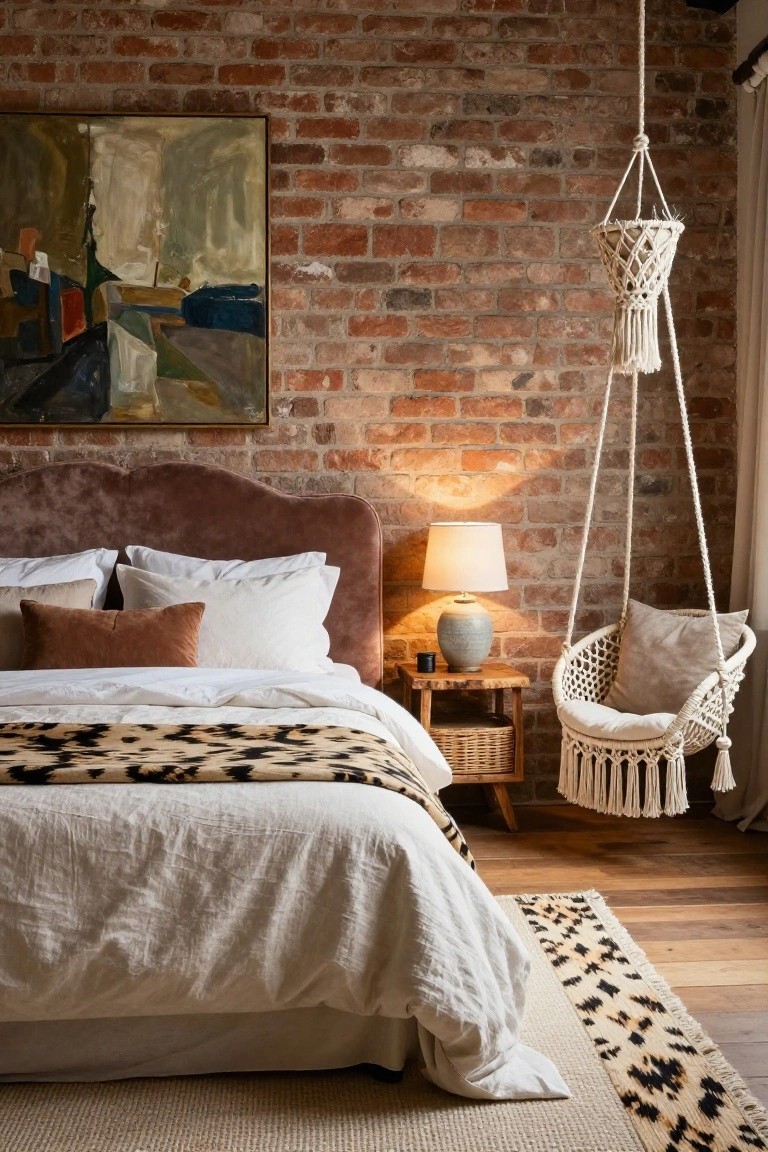 A bedroom interior with exposed red brick accent wall, tufted brown velvet headboard on a bed with white linen sheets, stacked pillows, leopard print throw, wooden nightstand holding a ceramic lamp and rattan basket, white macrame hanging swing chair with beige cushion, and neutral rugs on hardwood floor.
