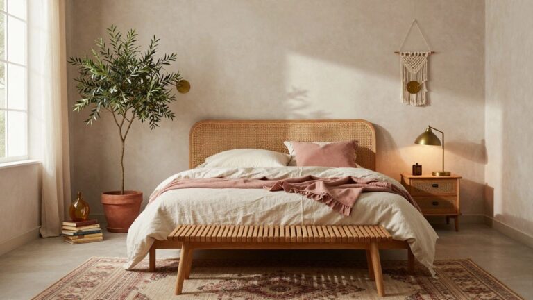18 Elegant Boho Bedroom Ideas That Feel Soft and Effortless Bedroom with rattan headboard bed draped in white linen sheets and pink frilled throw, wooden nightstand holding stacked books, brass wall lamp lit up, tall potted olive tree in terracotta pot by window, macrame wall hanging, and beige patterned rug on floor.