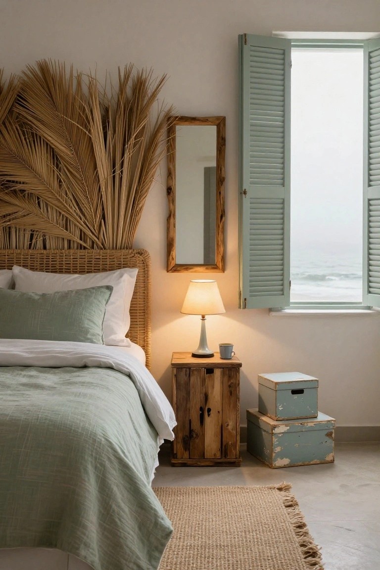 Bedroom interior featuring a wicker headboard with tall dried palm fronds mounted behind it, sage green bedding on the bed, wooden nightstand with lamp and mug, mint shutters open to ocean view, and stacked blue boxes nearby.