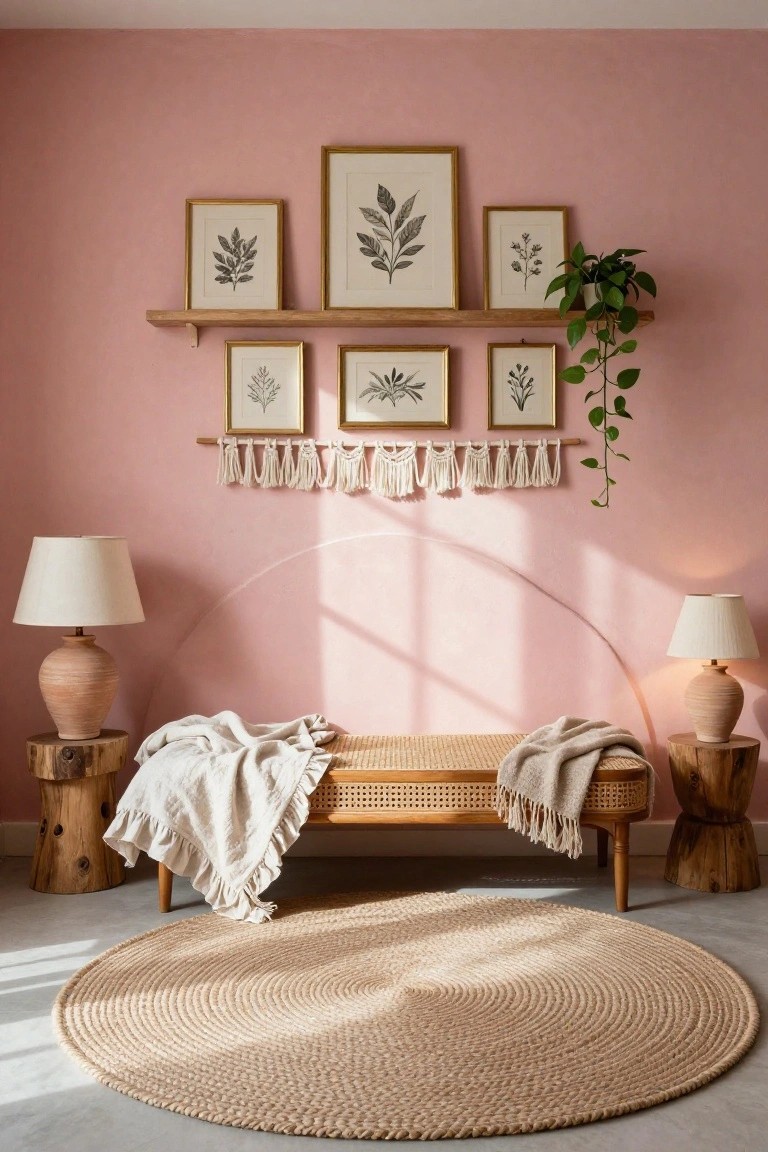 Blush pink interior room with curved window, rattan bench covered in white throws, paired terracotta lamps on wooden stump tables, wooden shelf with framed botanical prints and hanging plant, round jute rug on floor.