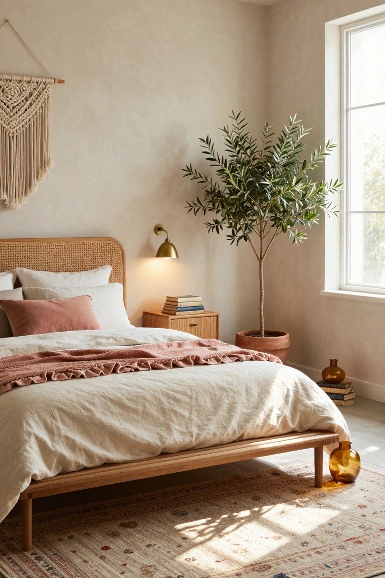 Bedroom with rattan headboard bed draped in white linen sheets and pink frilled throw, wooden nightstand holding stacked books, brass wall lamp lit up, tall potted olive tree in terracotta pot by window, macrame wall hanging, and beige patterned rug on floor.