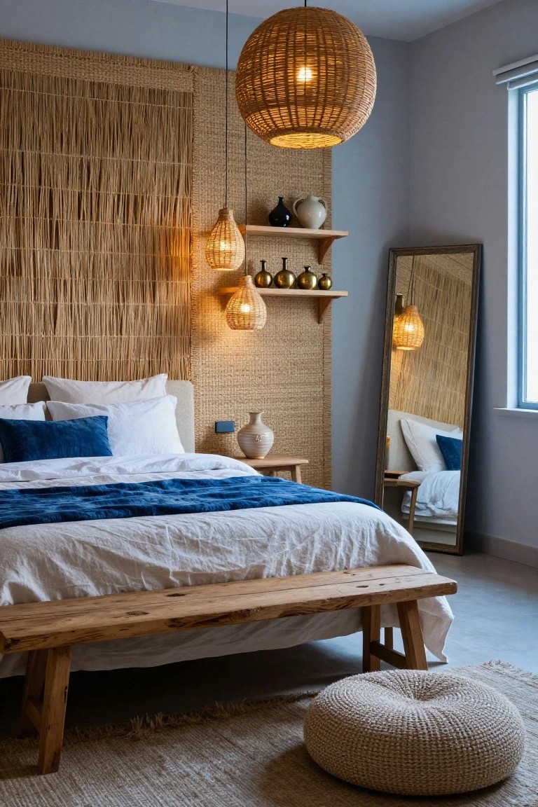 Bedroom interior with a tall woven reed wall panel behind a bed dressed in white sheets and blue pillows, multiple rattan pendant lights hanging from the ceiling and shelves, wooden bench at bed foot, pouf on seagrass rug, and tall mirror nearby.