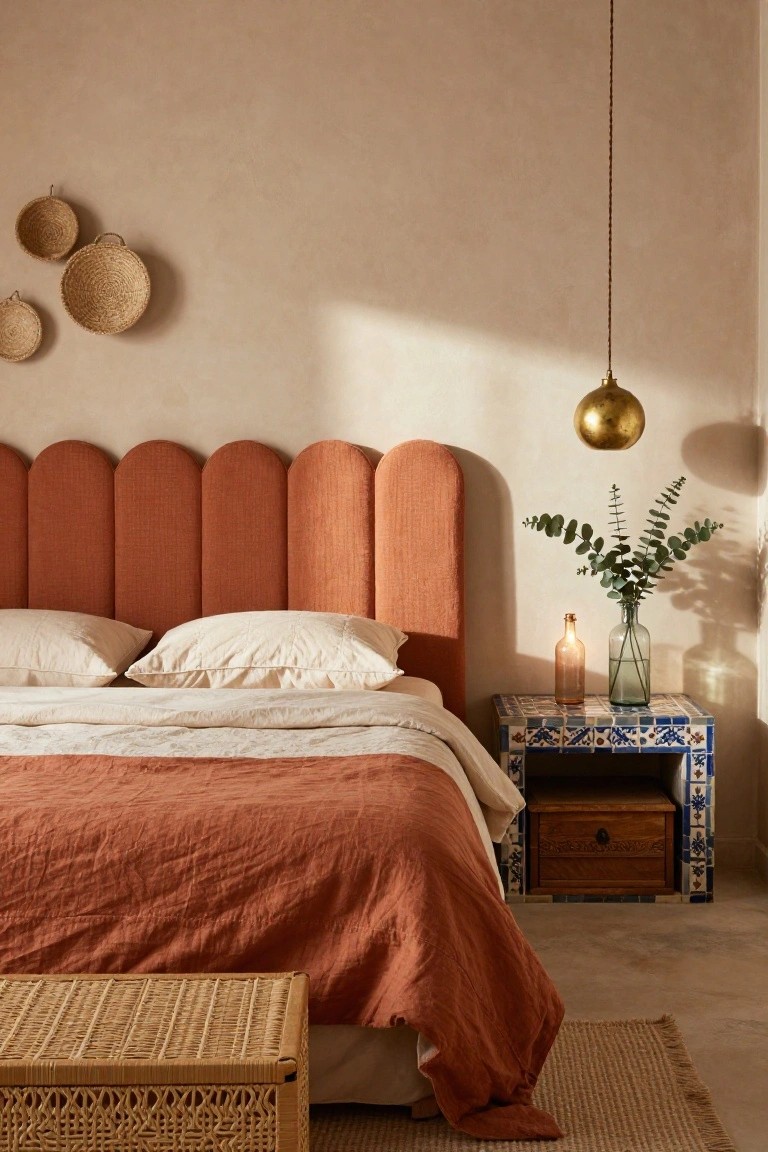 Bedroom interior with coral-colored scalloped upholstered headboard, white linens on bed, blue-tiled bedside table holding green glass vase of eucalyptus, woven wall baskets, rattan bench at bed foot, and gold pendant light.