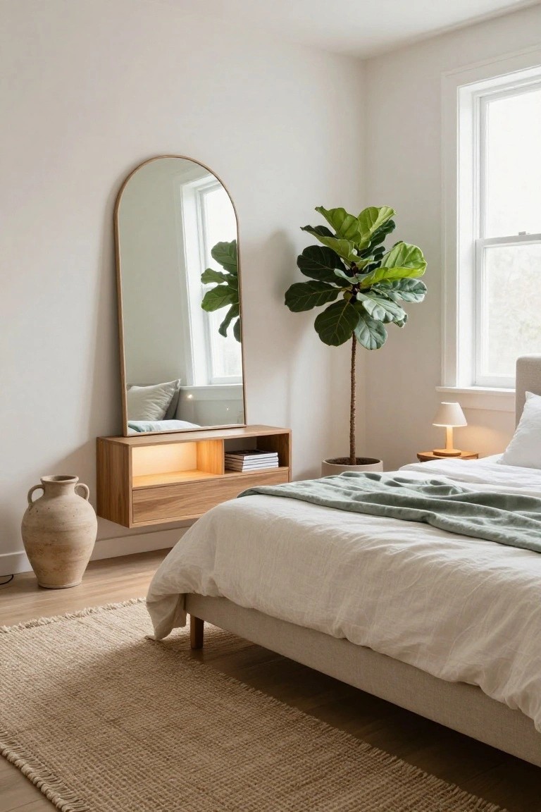 Bedroom corner with tall arched gold-framed mirror mounted above wooden floating shelf with underlighting, fiddle leaf fig plant by window, bed with white linens and green throw, jute rug on wood floor.