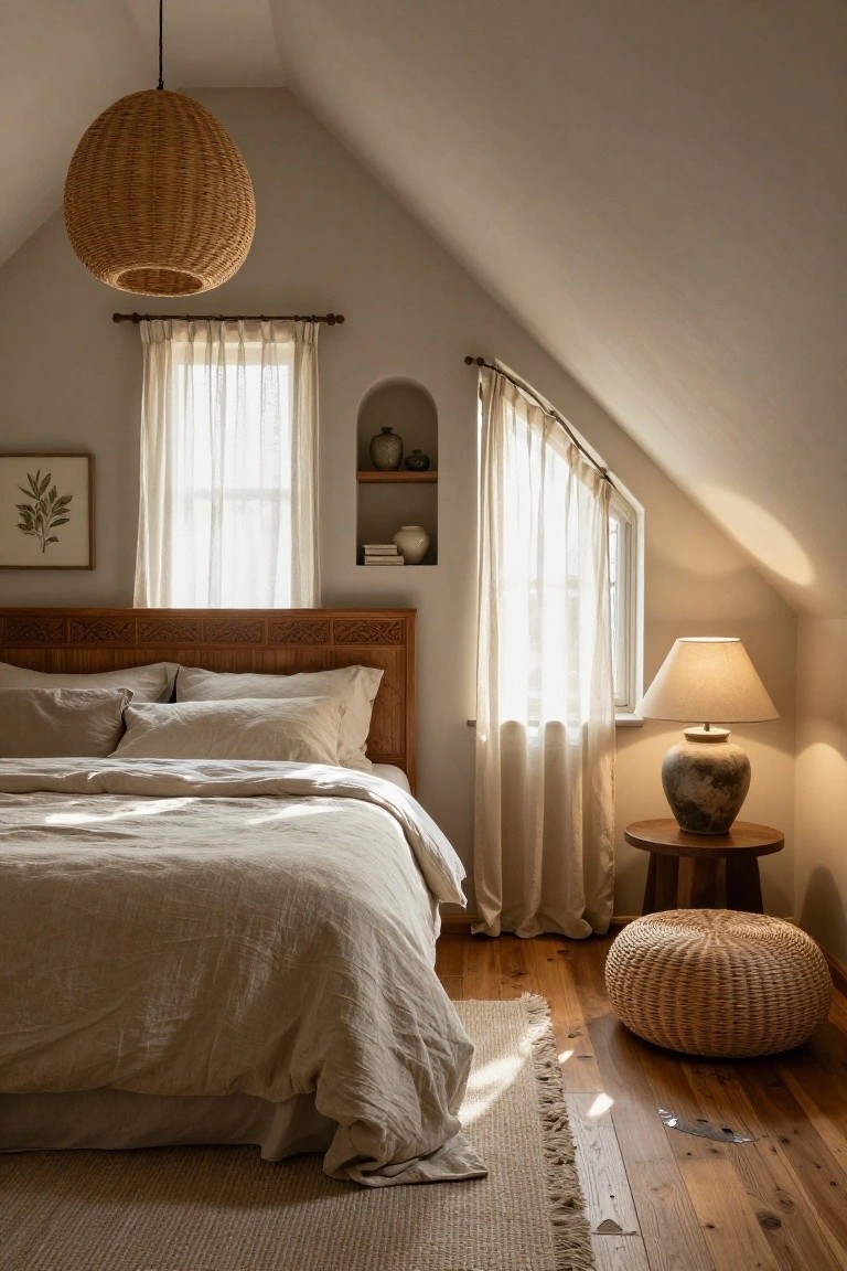 Sunlit attic bedroom with sloped white ceilings and walls, wooden bed featuring carved headboard and beige linen bedding, large wicker pendant lamp overhead, sheer curtains on arched windows, ceramic lamp on wooden side table, and woven pouf on wood floor beside jute rug.