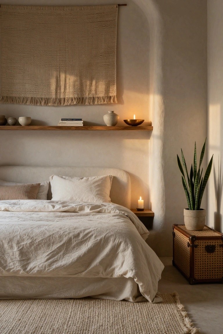 Beige bedroom featuring a white linen bed, wooden floating shelf above it displaying ceramic pots, books, and candles, large woven beige tapestry on arched wall, snake plant in terracotta pot, rattan trunk, and cream rug on tiled floor.
