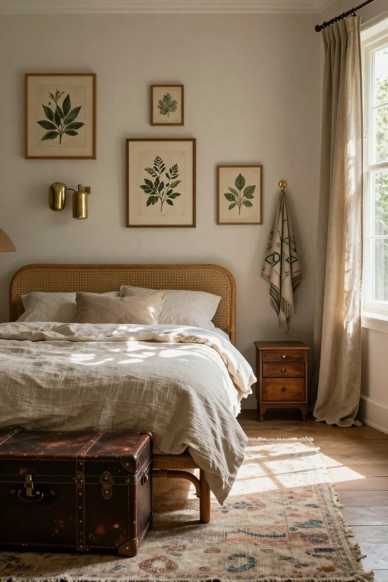 Bedroom with curved beige rattan headboard bed covered in white linen sheets and pillows, wooden nightstand, vintage brown leather trunk as bench at foot of bed, multiple framed green botanical leaf prints on light beige walls, brass wall sconces, draped beige curtains at window, and multicolored patterned rug on hardwood floor.