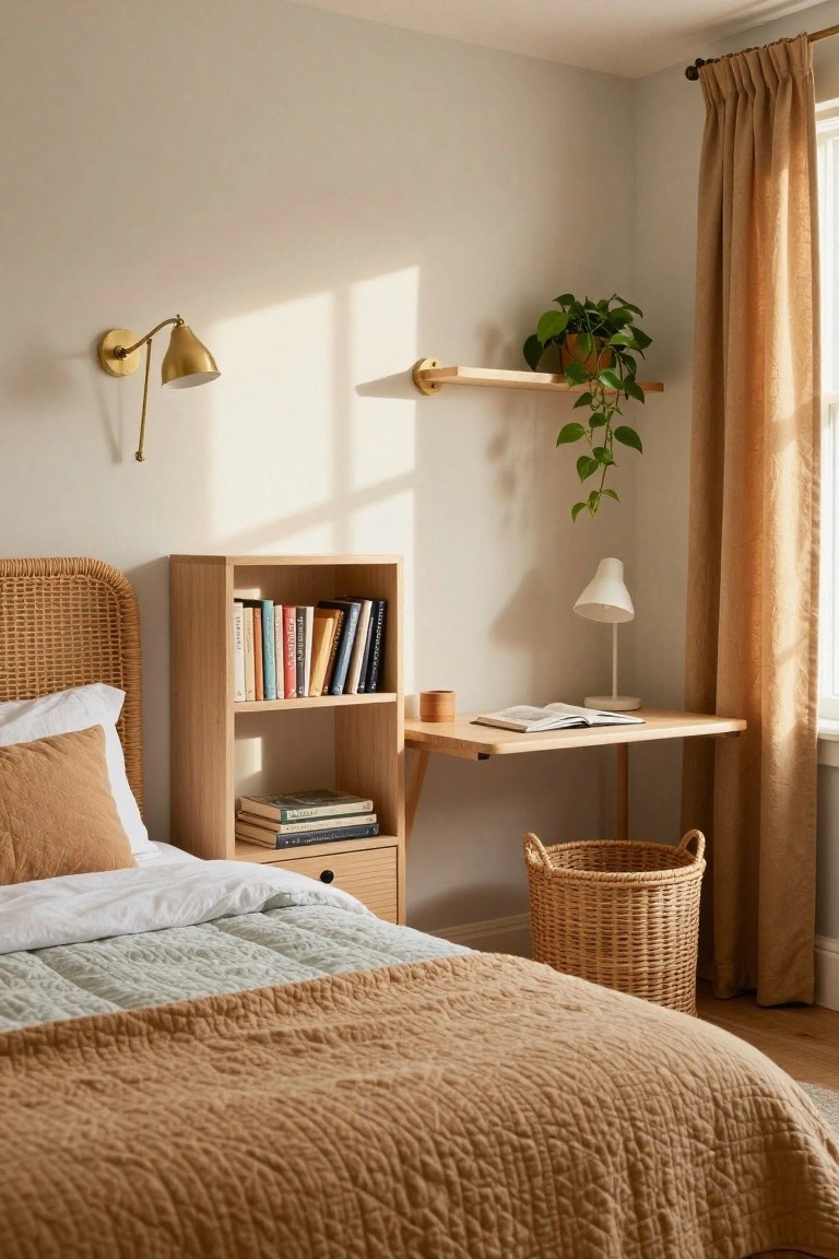 A bedroom corner with a rattan headboard bed against a wooden shelving unit holding books, a floating wooden desk with an open book, a potted plant on a wall shelf, beige linen bedding, a wicker basket, and orange curtains by a window.