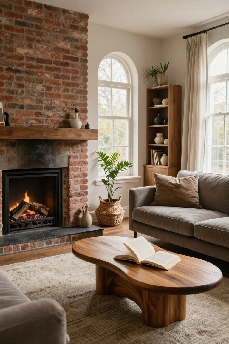 Living room with exposed red brick wall and fireplace, wooden mantel, burning fire, gray sofa, oval wooden coffee table with open book, plants, and arched windows with curtains.