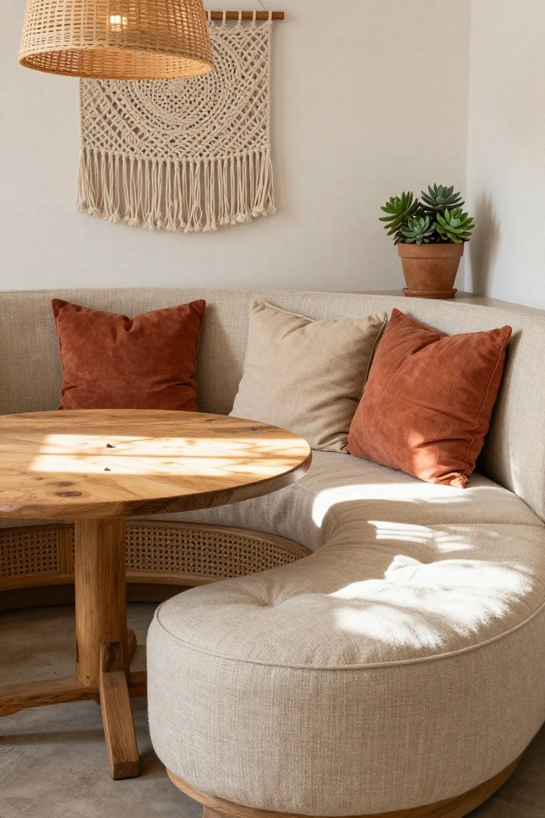 Curved beige banquette sofa in a light room corner with rust and cream pillows, round wooden pedestal table, rattan pendant light overhead, macrame wall hanging, and potted succulent on shelf.