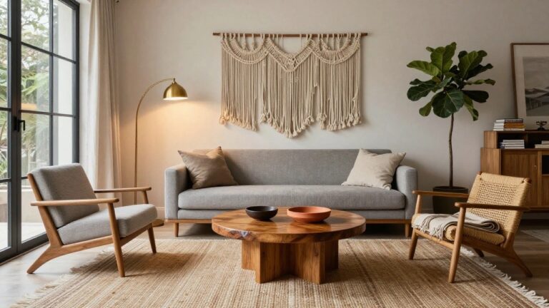 A light gray sofa sits in a white-walled living room with sheer curtains on a black-framed window overlooking trees and plants, a wooden coffee table with terracotta pots, large fiddle leaf fig in a basket, rattan armchair, macrame wall hanging, and gold arched floor lamp.