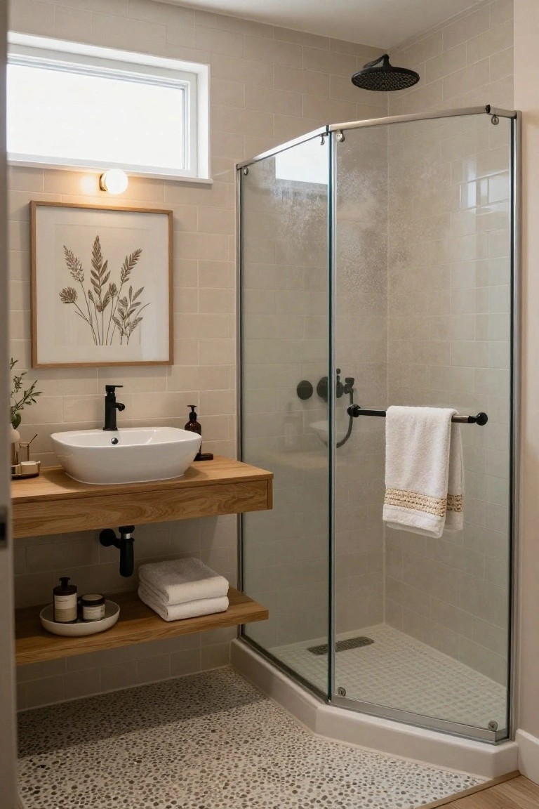 Compact modern bathroom with corner glass shower enclosure, floating oak wood shelf under oval sink with black faucet, neutral subway tile walls, pebble stone floor, and framed botanical artwork.