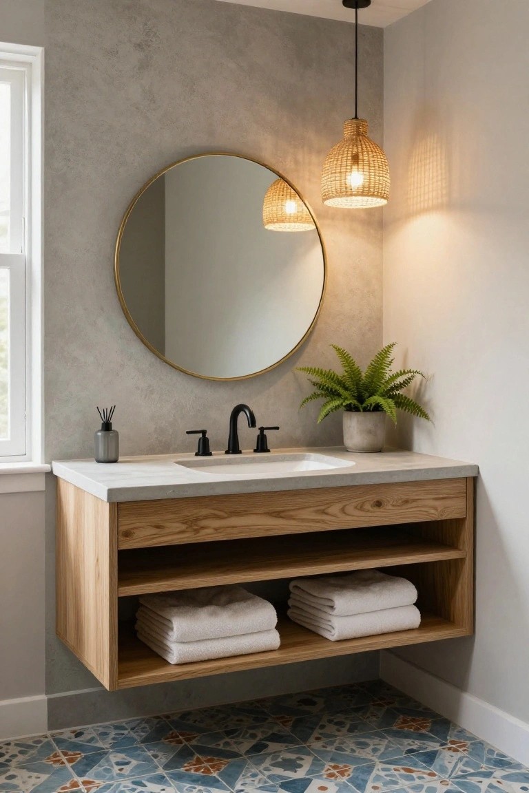 Modern bathroom with floating light oak wood vanity featuring open lower shelves holding stacked white towels, white sink with black faucet, round gold-framed mirror, gray reed diffuser, potted fern, textured gray walls, and blue-orange patterned tile floor.