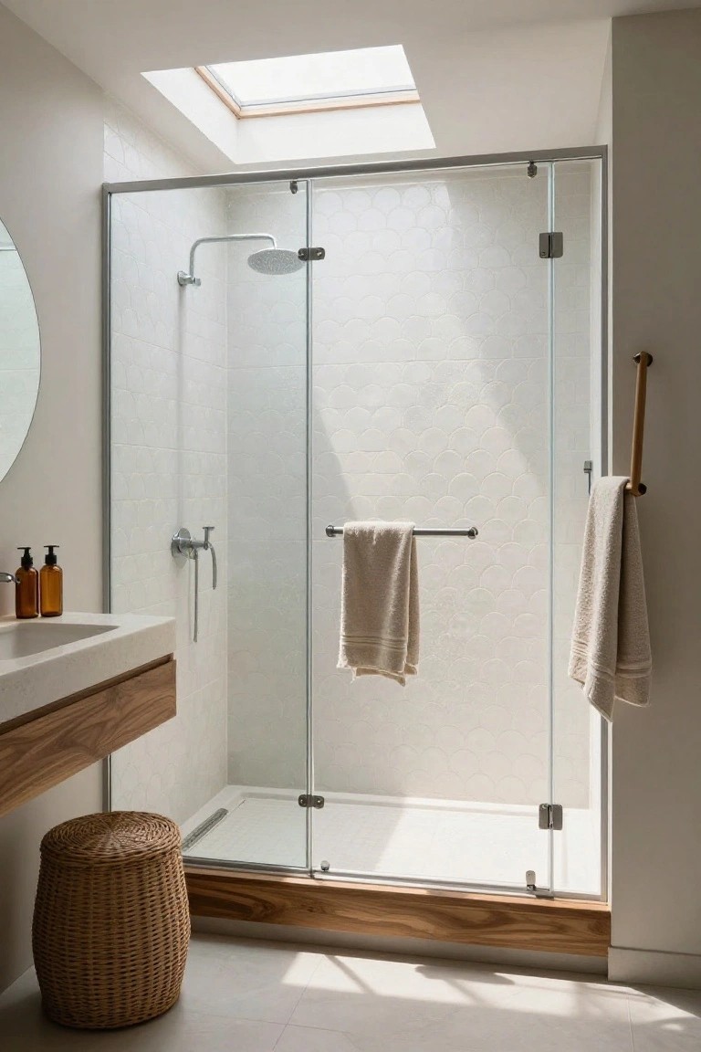 Modern bathroom with frameless glass shower enclosure featuring white scalloped tile walls, wooden shower base and vanity, woven stool, and skylight above.