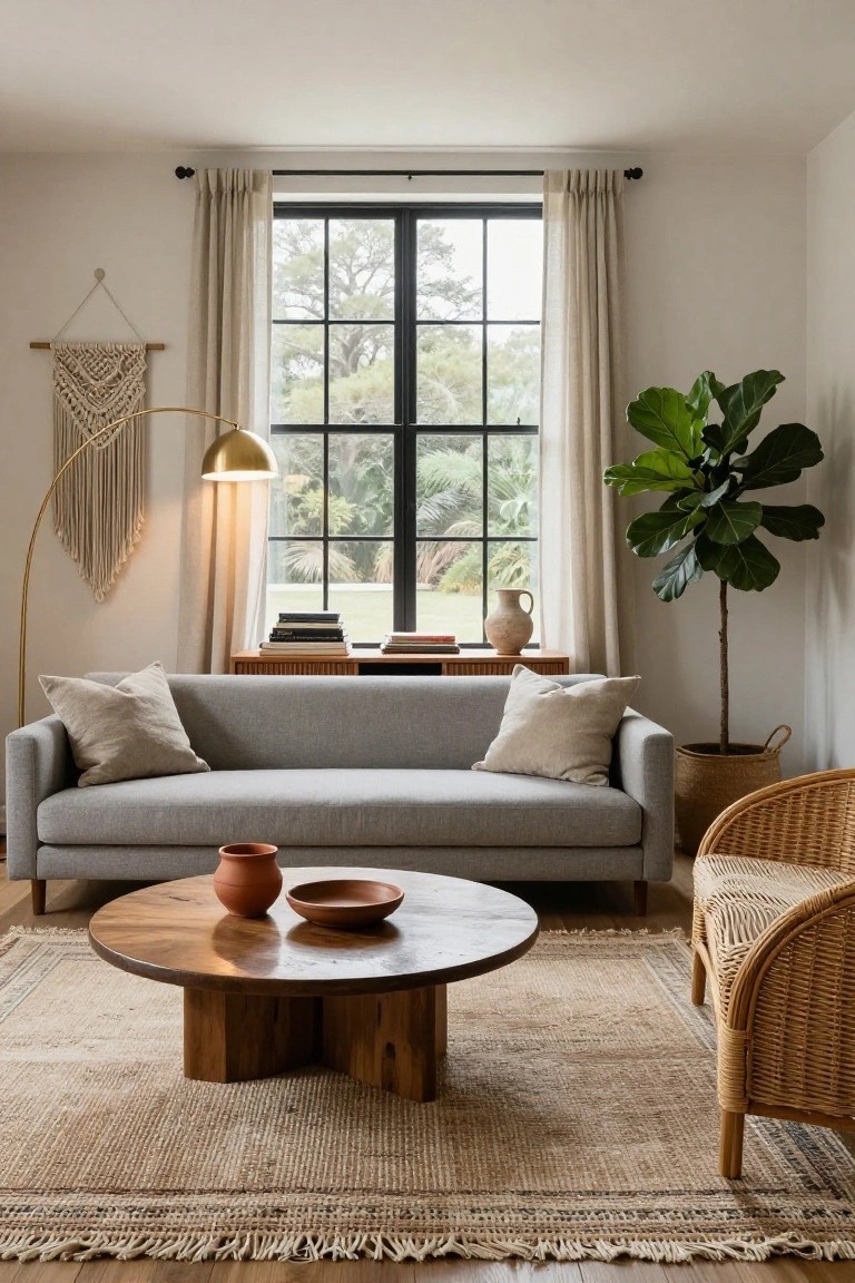 A light gray sofa sits in a white-walled living room with sheer curtains on a black-framed window overlooking trees and plants, a wooden coffee table with terracotta pots, large fiddle leaf fig in a basket, rattan armchair, macrame wall hanging, and gold arched floor lamp.