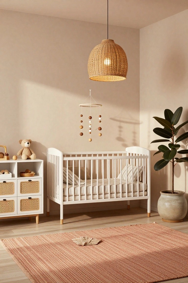 Cozy nursery corner with white slatted crib containing striped bedding, adjacent rattan-fronted white dresser with toy storage, woven rattan pendant lamp overhead, wooden bead mobile, teddy bear and wooden toys on shelves, potted ficus plant, and terracotta rug on wood floor.