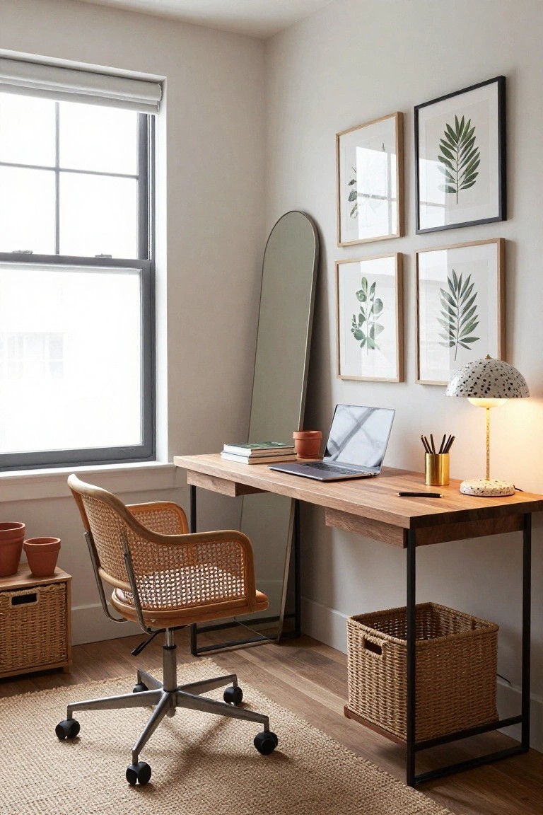 Home office corner with light wood desk on black metal legs, orange rattan armchair, tall arched mirror, botanical prints on walls, desk lamp, potted plants, and woven baskets on hardwood floor.