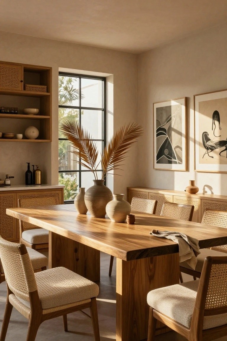 Dining room interior featuring a large rectangular solid wood table with rattan chairs upholstered in beige fabric, flanked by wooden cabinets, terracotta vases holding dried pampas grass on the table, abstract line drawings on walls, and a large window showing palm trees outside.