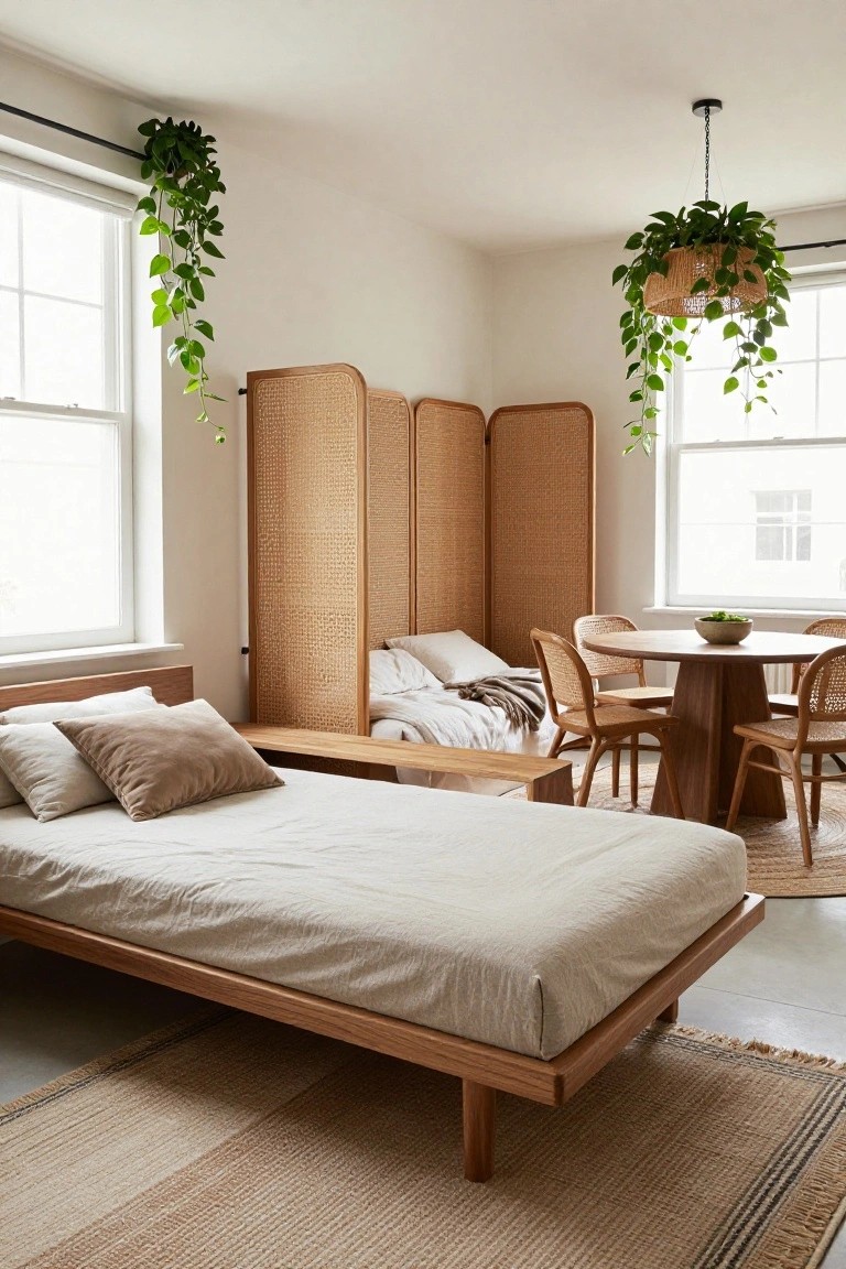A bright corner room with large windows, a low wooden platform bed with white linens, beige rattan folding screens dividing the space from a round wooden dining table with rattan chairs, hanging and potted plants, and a seagrass rug.