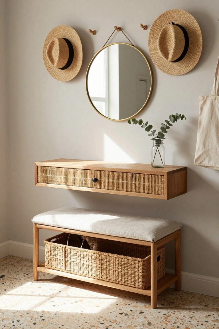 Light entryway with two straw hats on hooks next to a round gold mirror, floating oak console shelf with rattan-woven drawer and eucalyptus jar in glass vase, wooden bench with white cushion and rattan basket containing shoes, on terrazzo floor with window light.