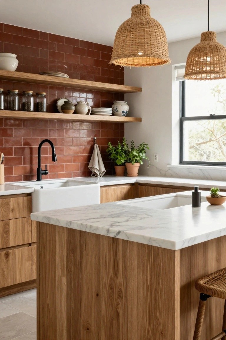 Modern kitchen with oak cabinets, terracotta brick backsplash, white farmhouse sink, black faucet, marble island countertop, rattan pendant lights, and open wood shelving.