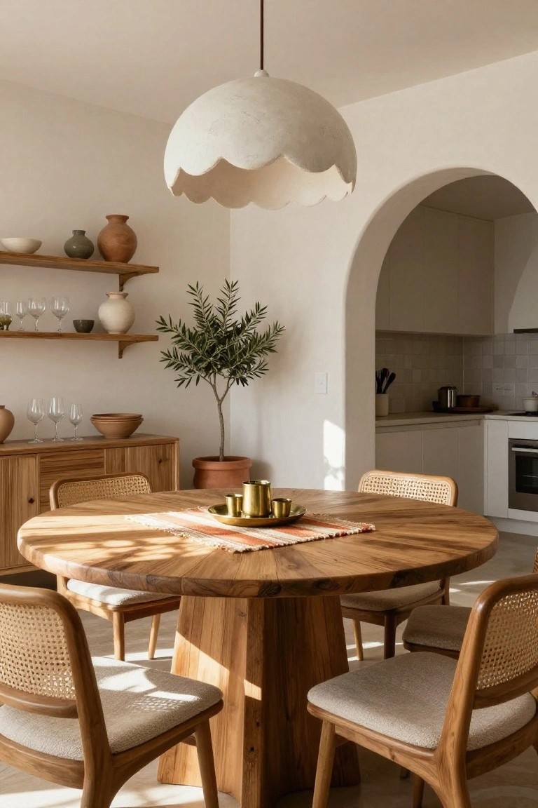 Sunlit dining room with round wooden table, four rattan chairs with beige cushions, gold cups and runner on table, white scalloped pendant light overhead, wooden shelves holding pottery and glasses, potted olive tree, and white kitchen visible through curved archway.
