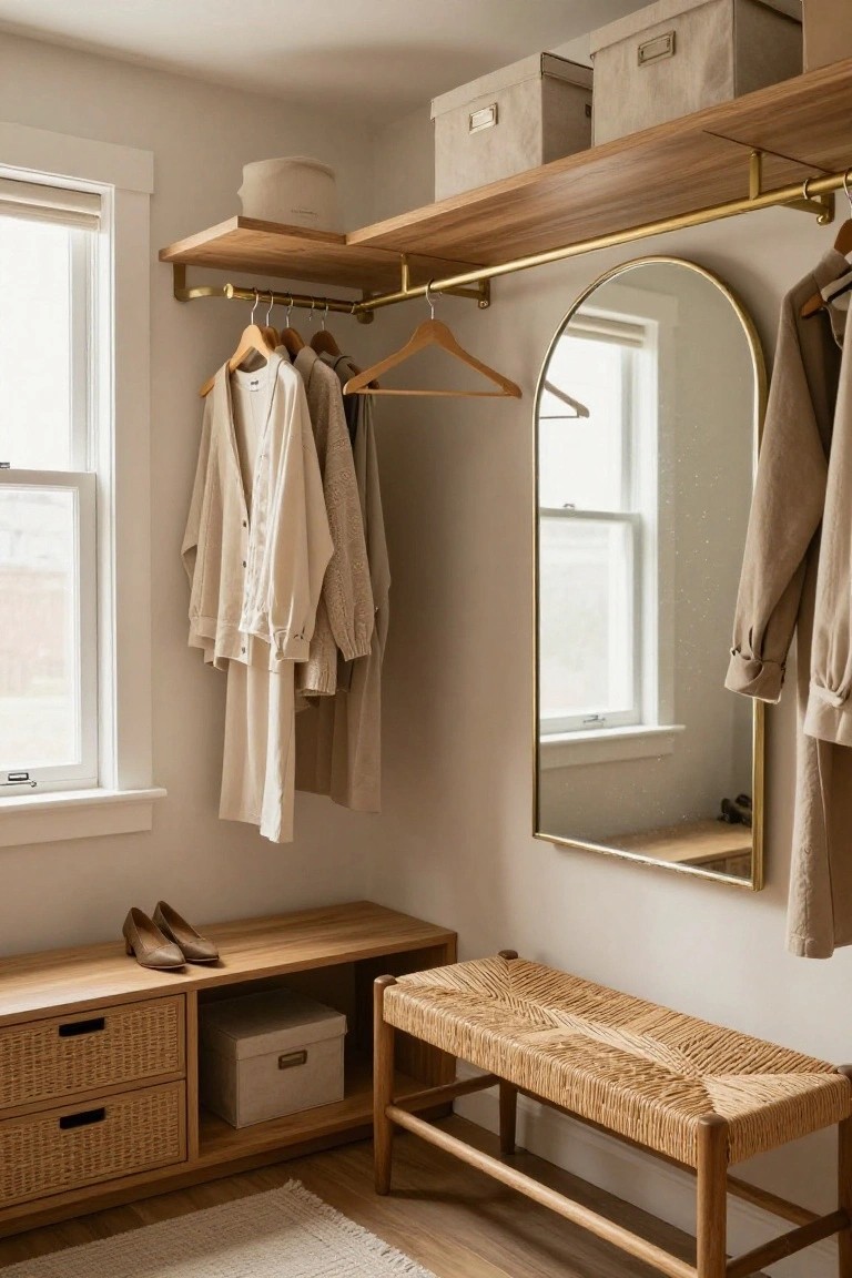 Corner indoor closet area with light wood floating shelves holding beige fabric boxes, brass pipe hanging rods displaying neutral-toned clothing on wooden hangers, a large round gold-framed mirror, rattan drawer bench, wooden shoe bench with high-heeled shoes, and neutral rug on wood floor.