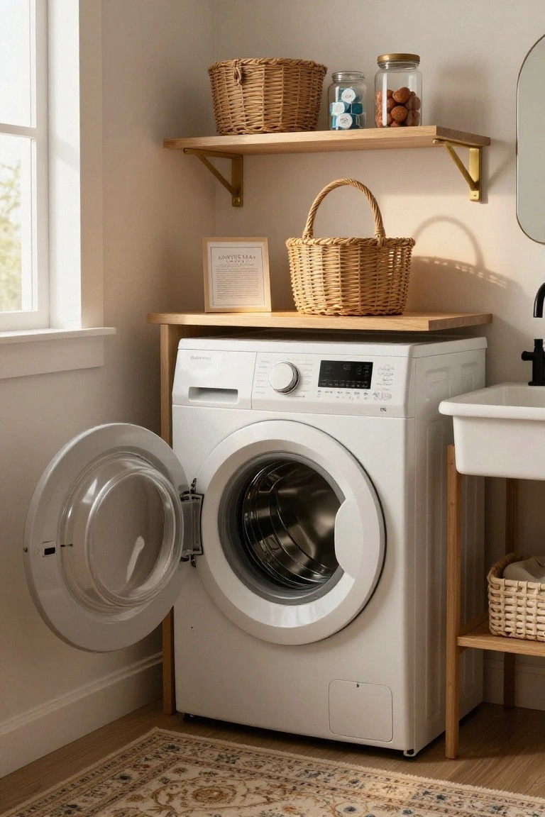 White front-loading washing machine with open door positioned under wooden shelves holding wicker baskets, glass jars of laundry pods and nuts, and a small framed sign, beside a white sink on a wooden stand in a beige corner room.