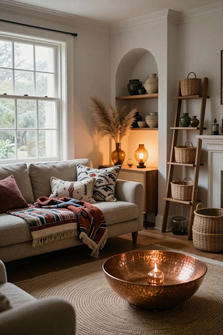 A living room corner featuring a light gray sofa with patterned pillows and throw blankets, an arched wall niche displaying pottery, pampas grass, and woven baskets on ladder shelving, warm lamps, and a copper bowl with a candle on a round seagrass rug near a window.